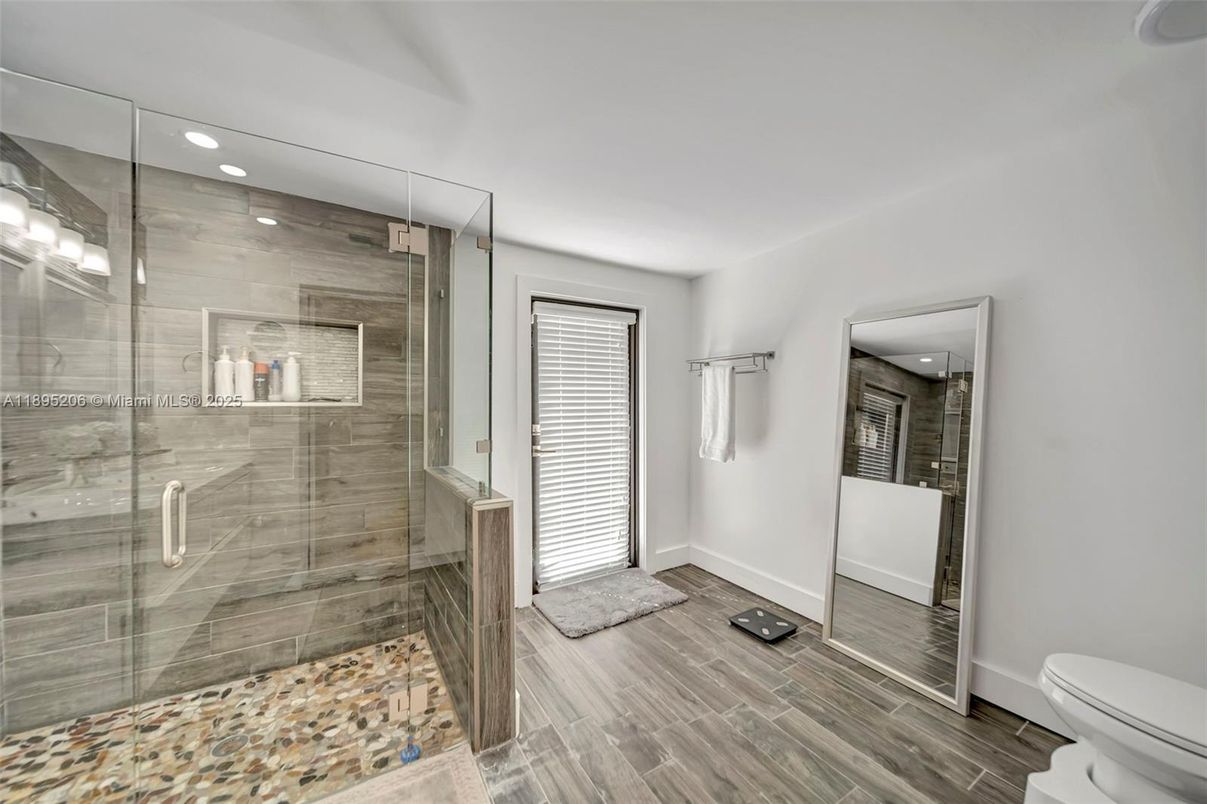 Bathroom, Glass Shower, Interior, Recessed Lighting, Wood Texture Flooring