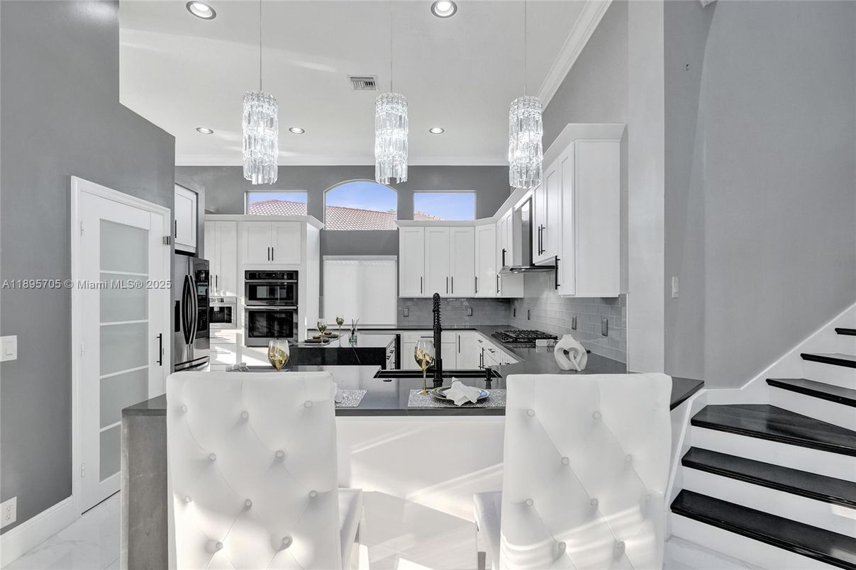 Chandelier, Interior, Kitchen, Pendant Lights, Recessed Lighting, Stainless Steel Appliances