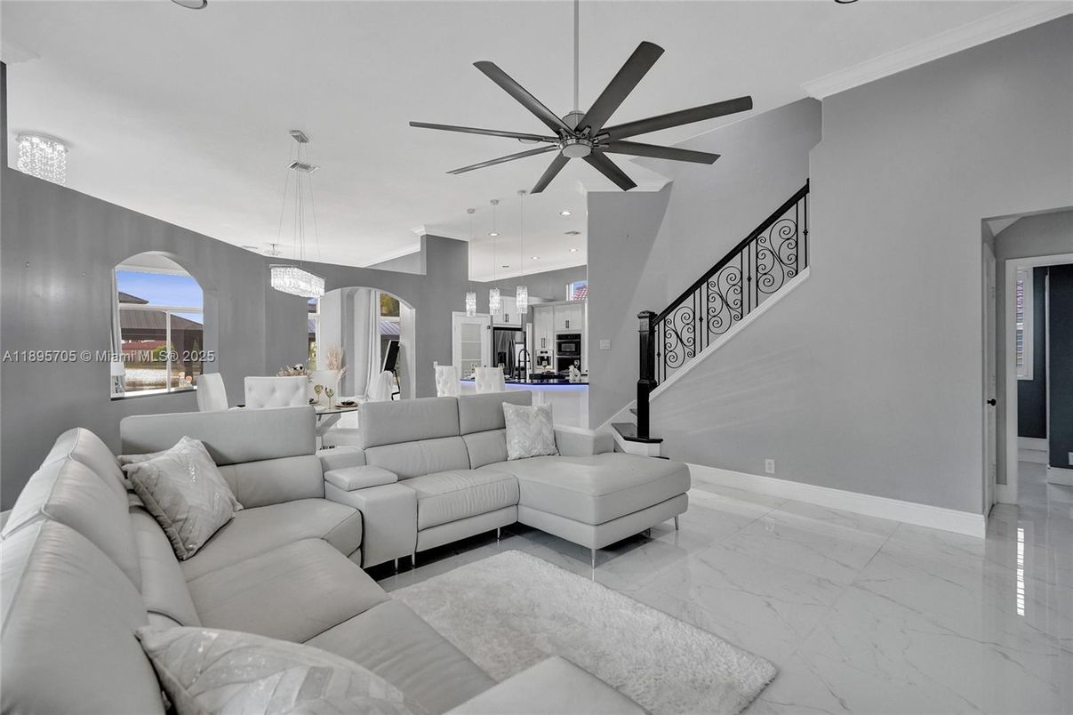 Dining room, Interior, Kitchen, Living room, Marble, Pendant Lights, Recessed Lighting, Stainless Steel Appliances