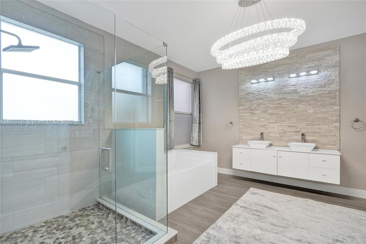 Bathroom, Chandelier, Glass Shower, Interior, Wood Texture Flooring
