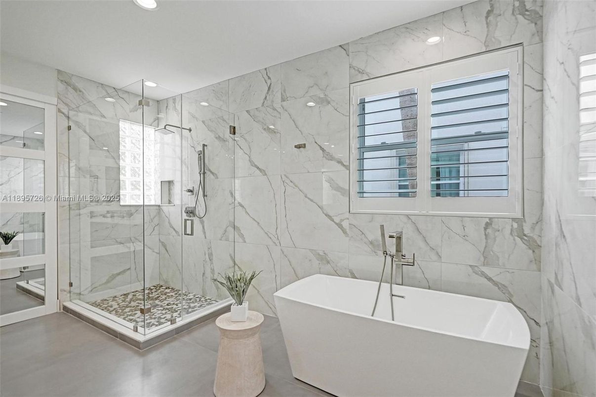Bathroom, Free Standing Baths, Glass Shower, Interior, Marble Walls, Recessed Lighting