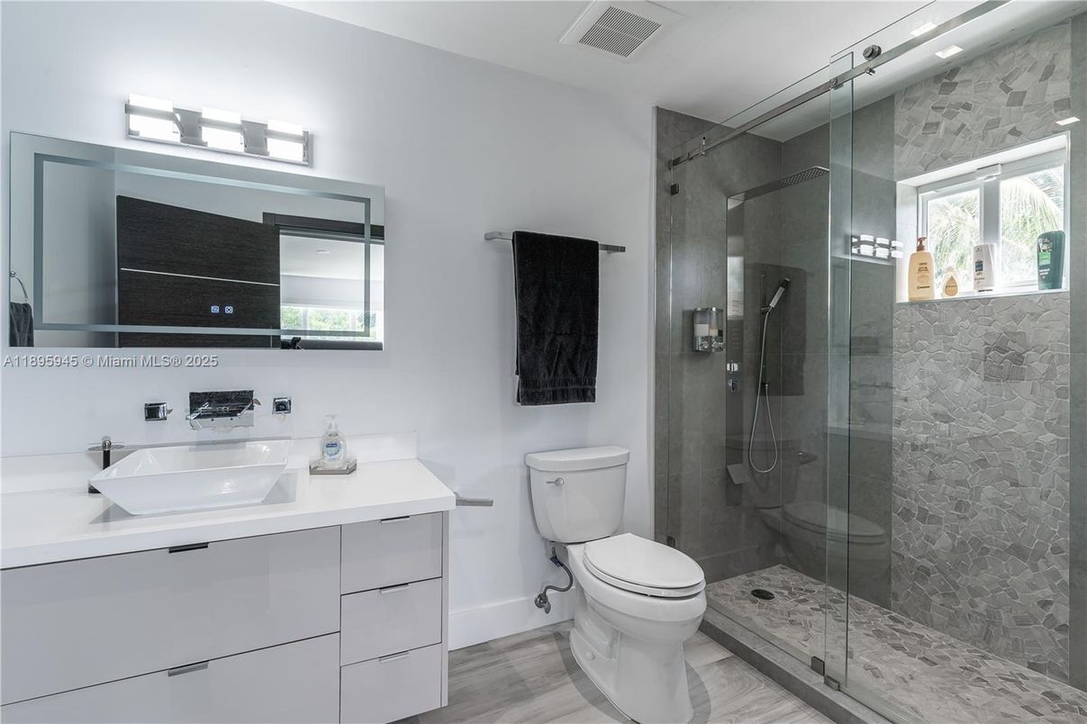 Bathroom, Glass Shower, Interior, Marble, Wood Texture Flooring