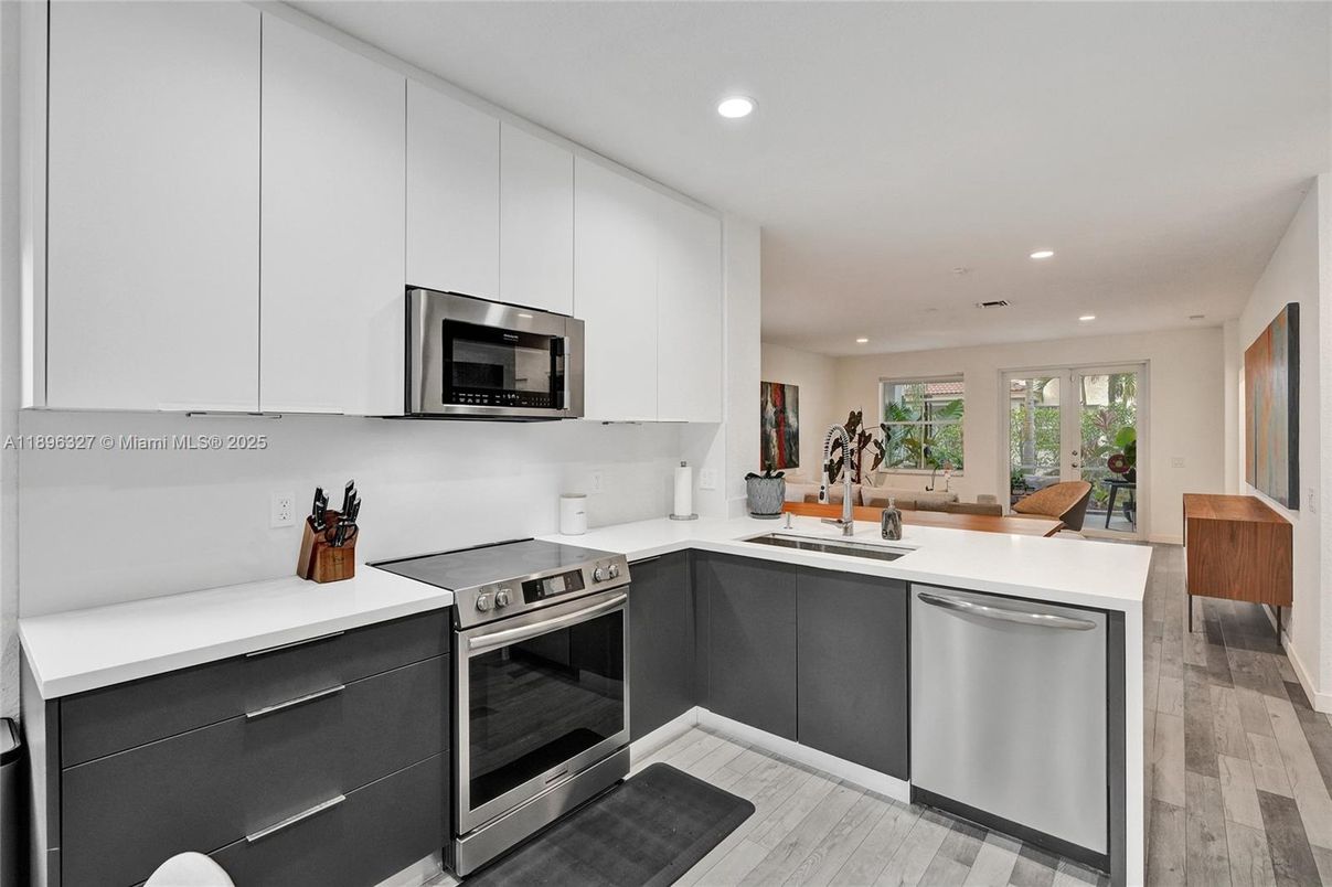 Interior, Kitchen, Recessed Lighting, Stainless Steel Appliances, Wood Texture Flooring