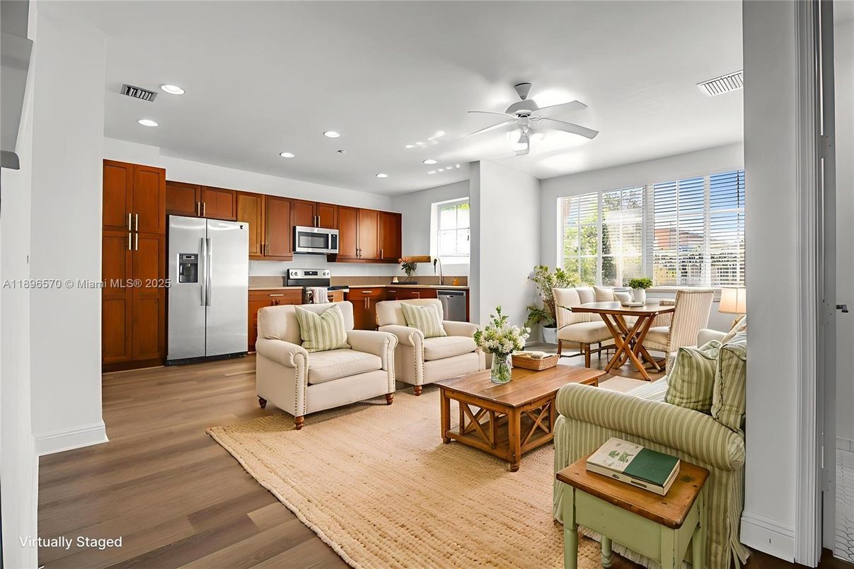 Dining room, Interior, Kitchen, Living room, Recessed Lighting, Stainless Steel Appliances, Wood Texture Flooring