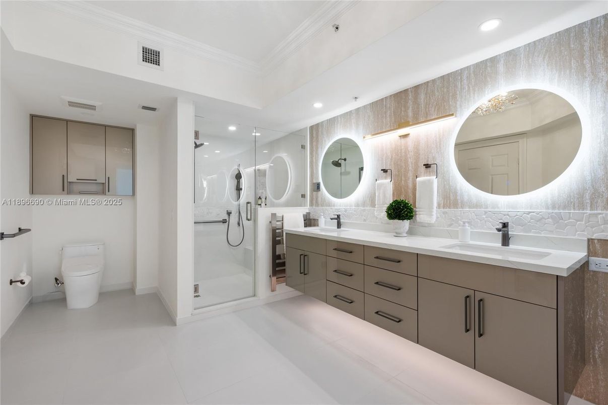 Bathroom, Dual Sink Vanities, Glass Shower, Interior, Recessed Lighting