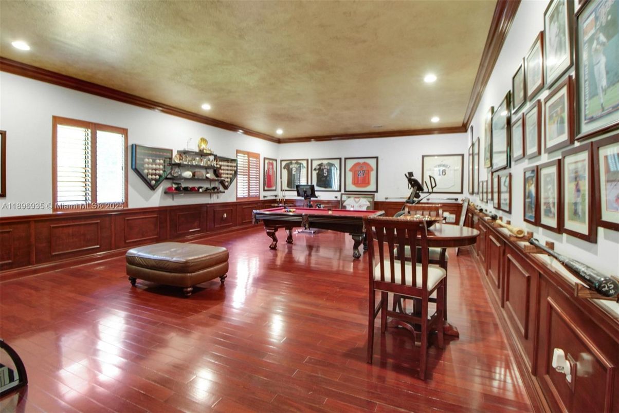 Billiard Table, Fitness Equipment, Game Room, Interior, Recessed Lighting, Wood Texture Flooring