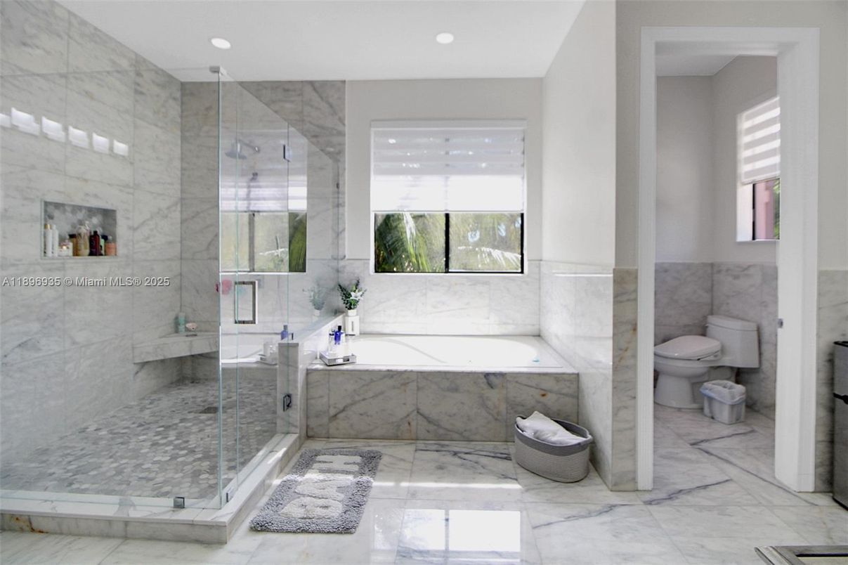 Bathroom, Glass Shower, Interior, Marble, Marble Walls, Recessed Lighting