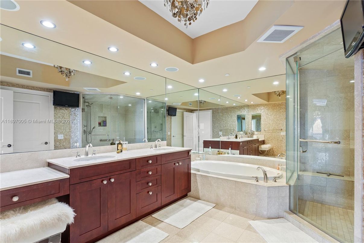 Bathroom, Dual Sink Vanities, Glass Shower, Interior, Recessed Lighting