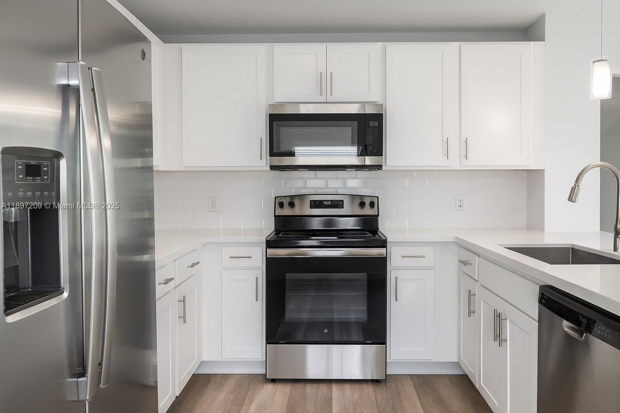 Interior, Kitchen, Pendant Lights, Stainless Steel Appliances, Wood Texture Flooring