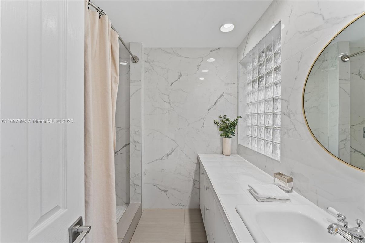 Bathroom, Glass Shower, Interior, Marble Walls, Recessed Lighting