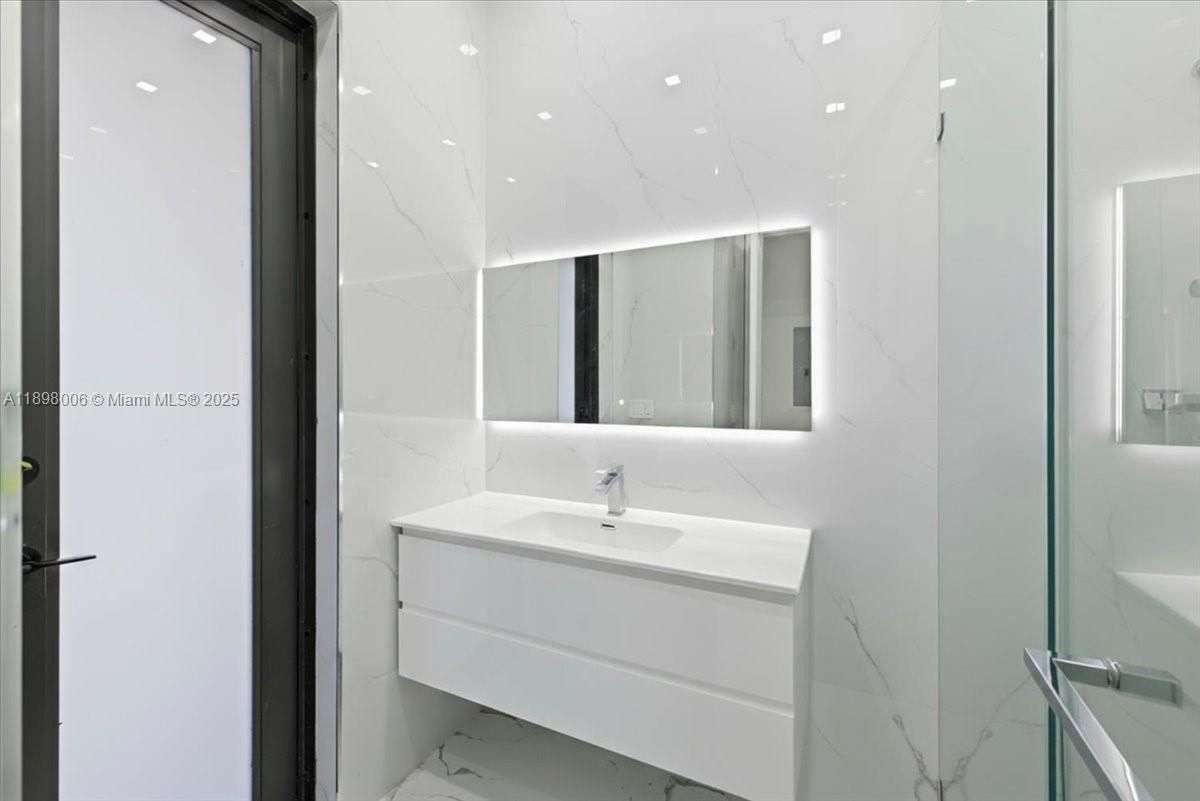 Bathroom, Glass Shower, Interior, Marble, Marble Walls, Recessed Lighting