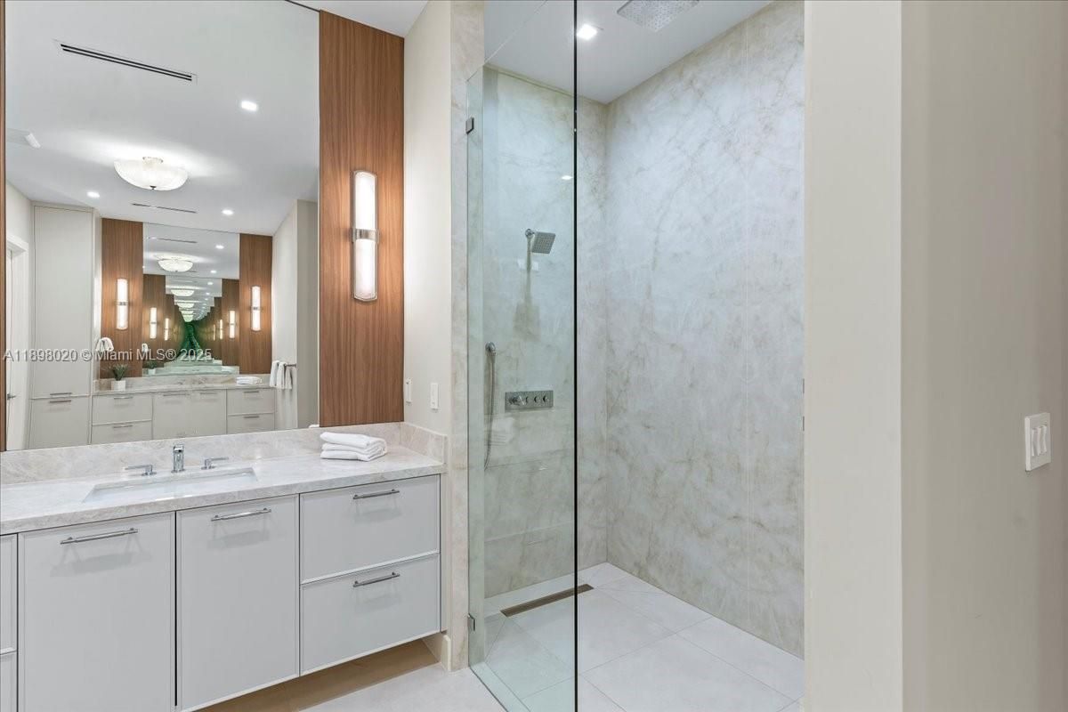 Bathroom, Glass Shower, Interior, Marble Walls, Recessed Lighting