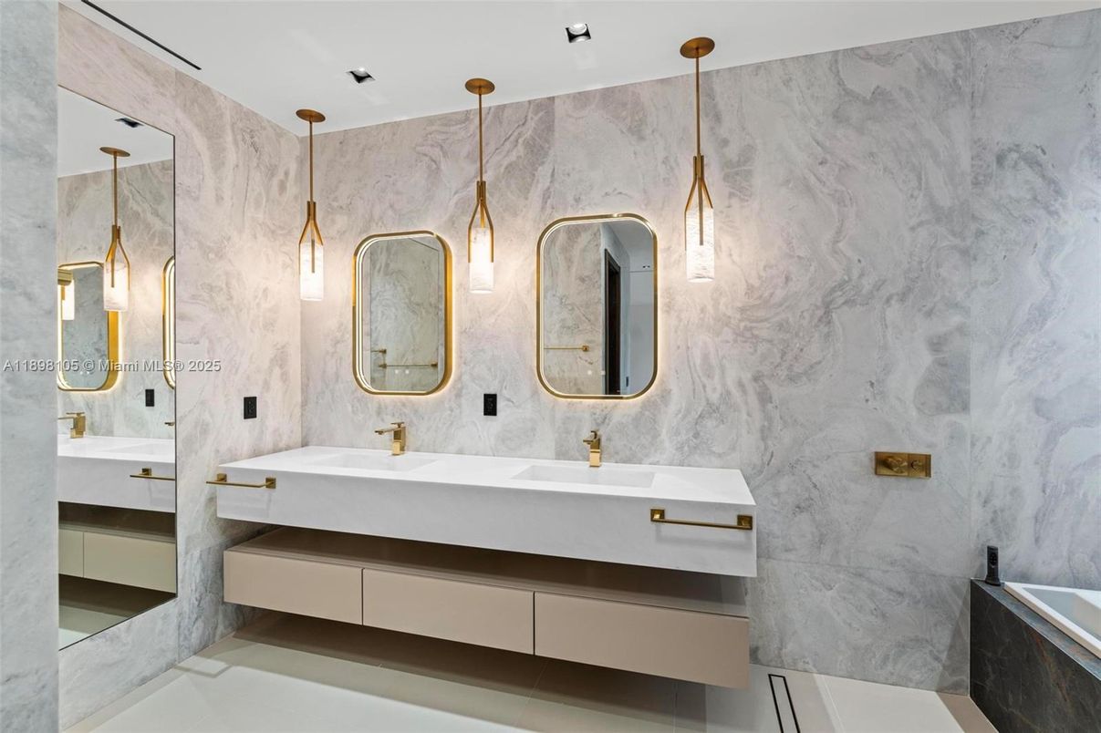 Bathroom, Dual Sink Vanities, Interior, Marble Walls, Pendant Lights