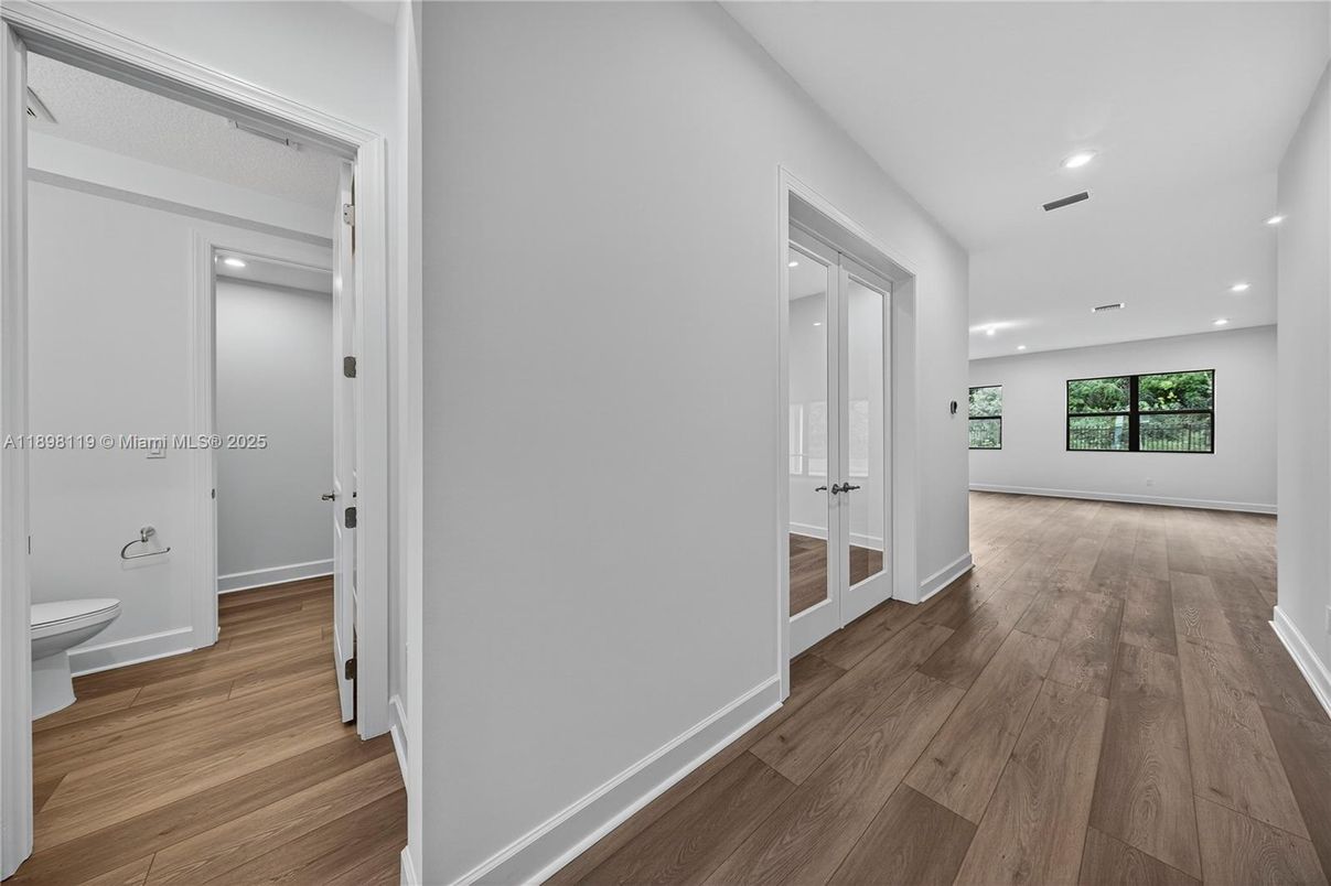 Bathroom, Empty room, Interior, Recessed Lighting, Wood Texture Flooring