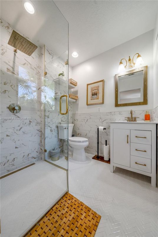 Bathroom, Glass Shower, Interior, Marble Walls, Recessed Lighting
