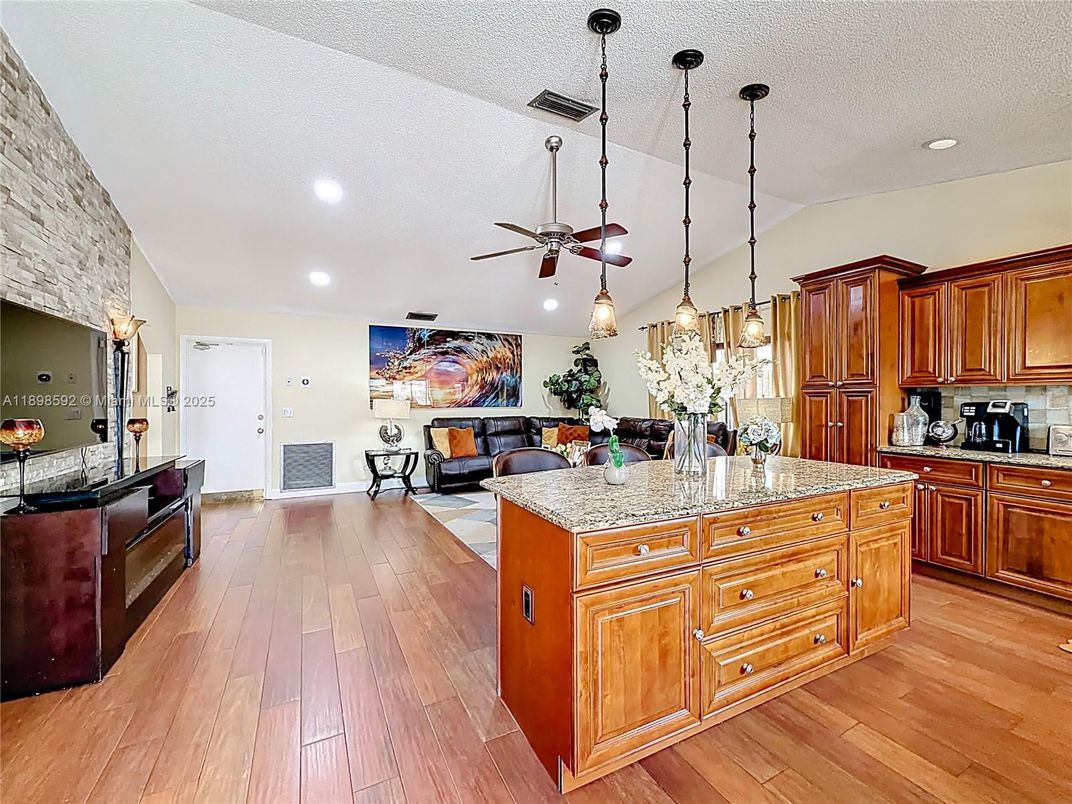 Interior, Kitchen, Pendant Lights, Recessed Lighting, Wood Texture Flooring