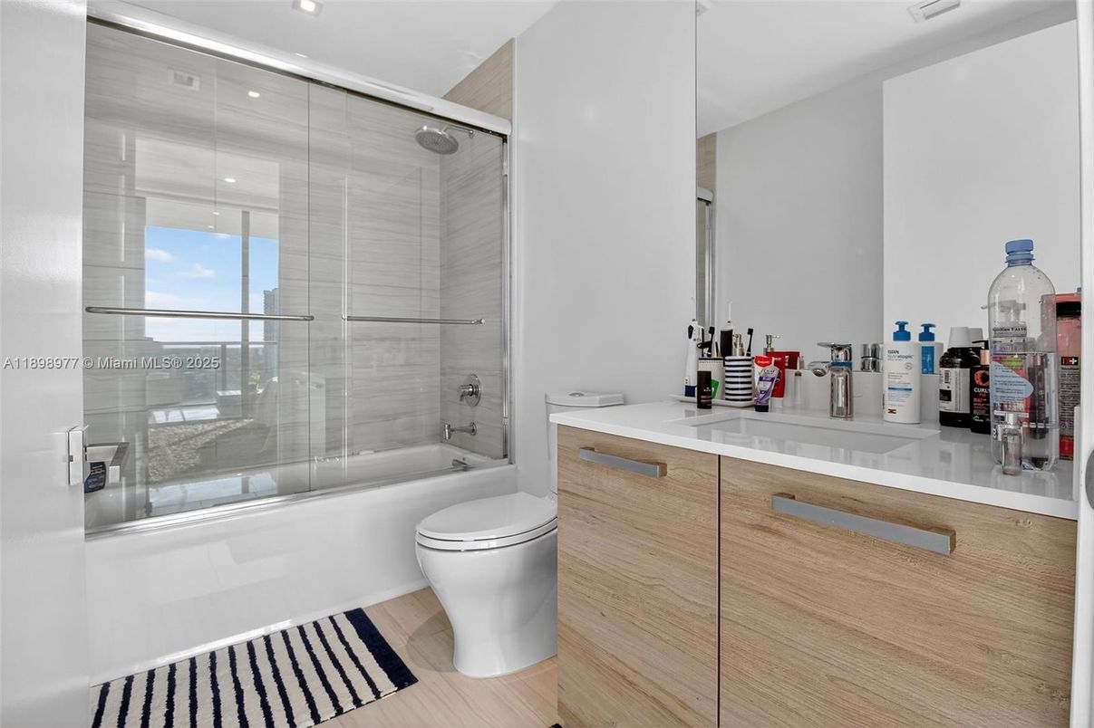 Bathroom, Glass Shower, Interior, Recessed Lighting, Wood Texture Flooring