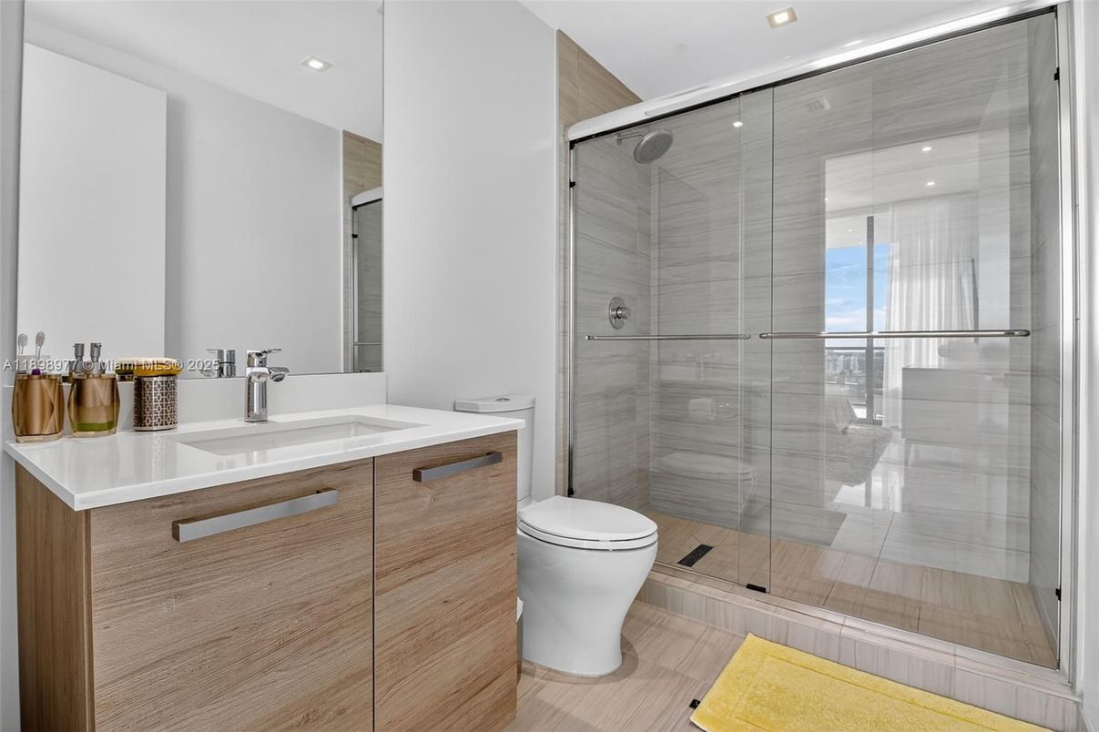 Bathroom, Glass Shower, Interior, Recessed Lighting, Wood Texture Flooring