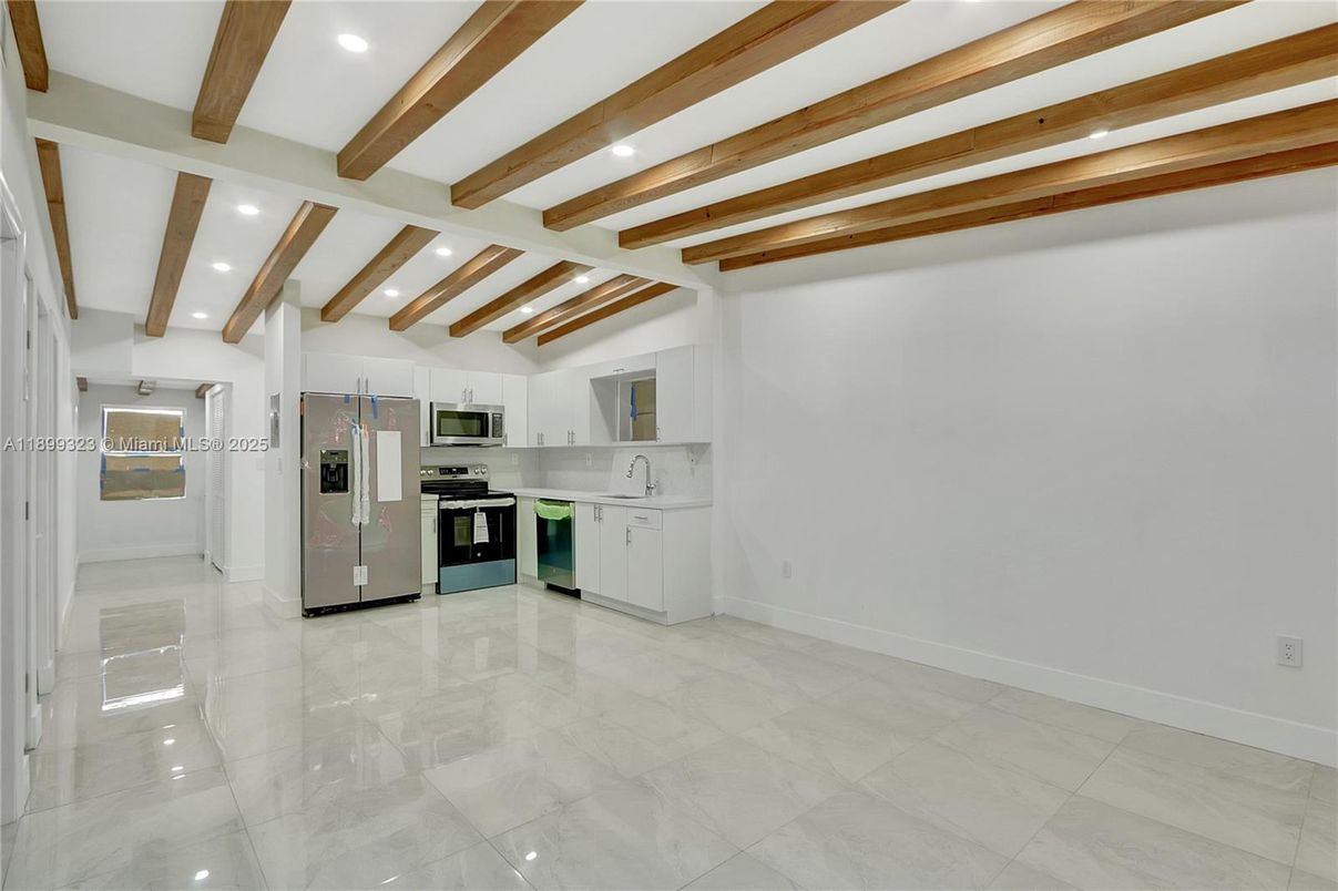 Interior, Kitchen, Recessed Lighting, Stainless Steel Appliances, Wooden Beams
