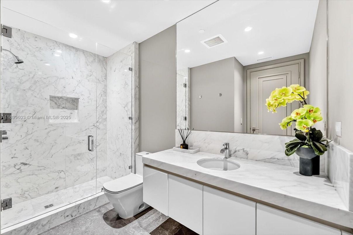 Bathroom, Glass Shower, Interior, Marble Walls, Recessed Lighting