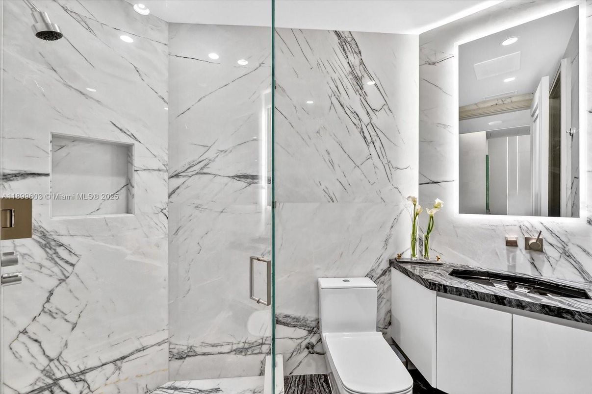 Bathroom, Glass Shower, Interior, Marble, Marble Walls, Recessed Lighting