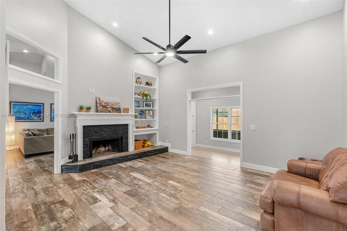 Fireplace, Interior, Recessed Lighting, Wood Texture Flooring