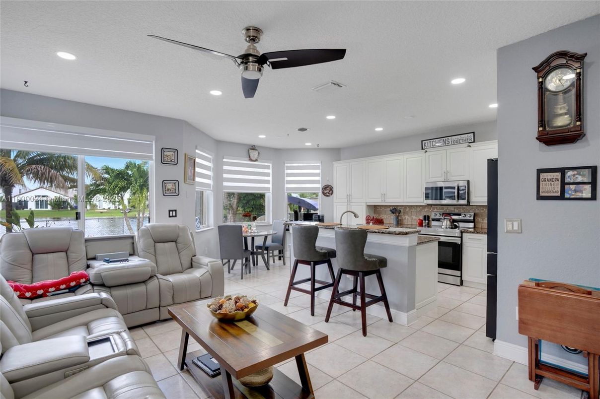 Dining room, Interior, Kitchen, Living room, Recessed Lighting, Stainless Steel Appliances