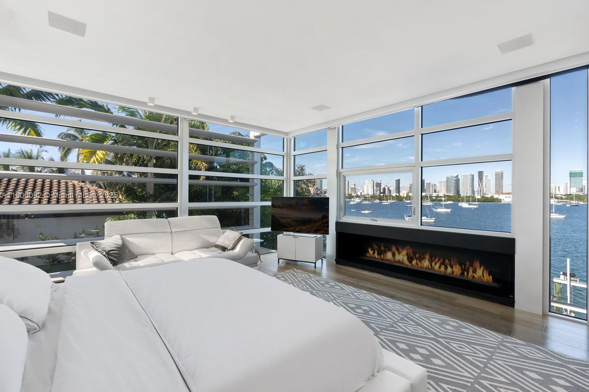 Bedroom, Fireplace, Interior, Water, Wood Texture Flooring