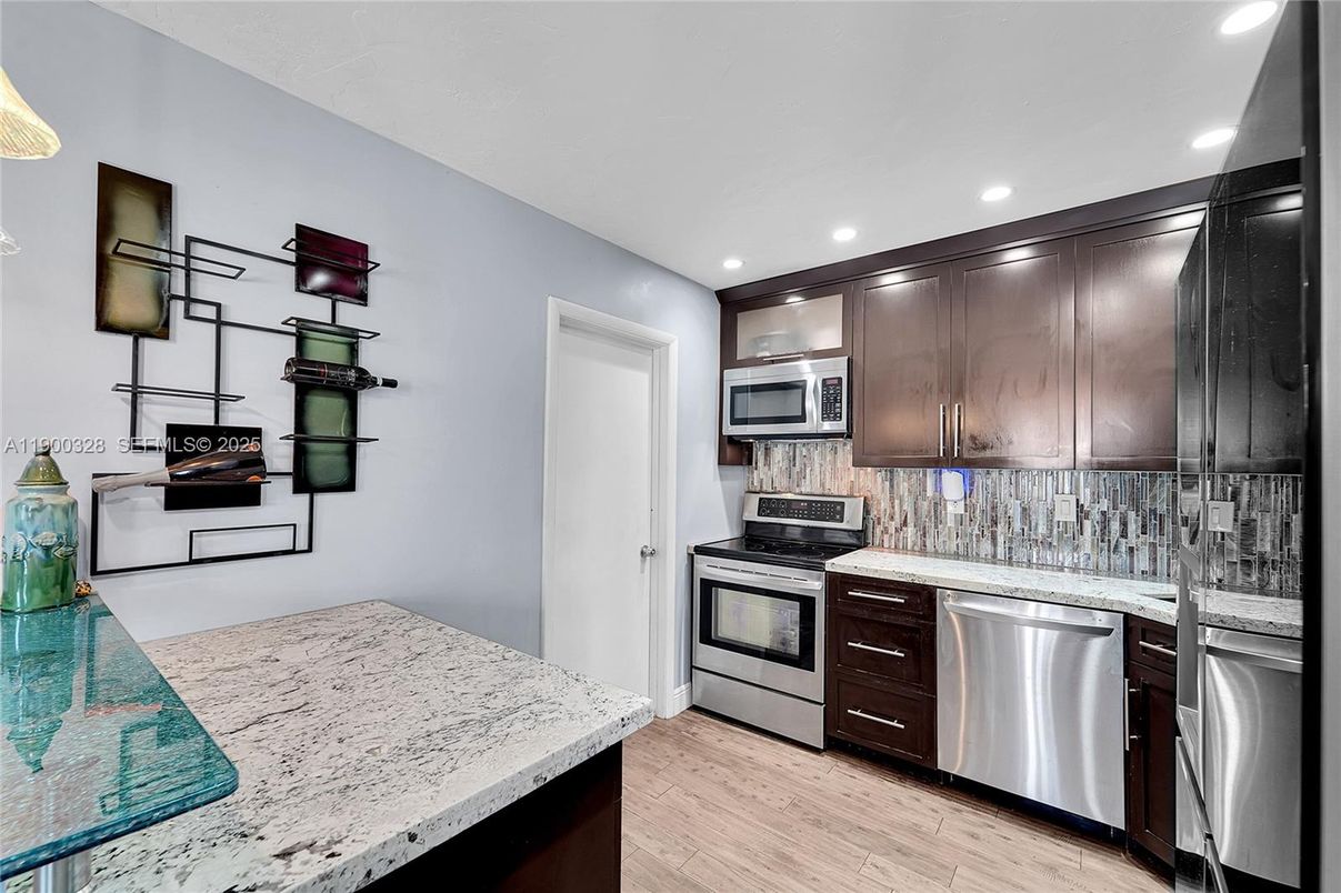 Interior, Kitchen, Recessed Lighting, Stainless Steel Appliances, Wood Texture Flooring