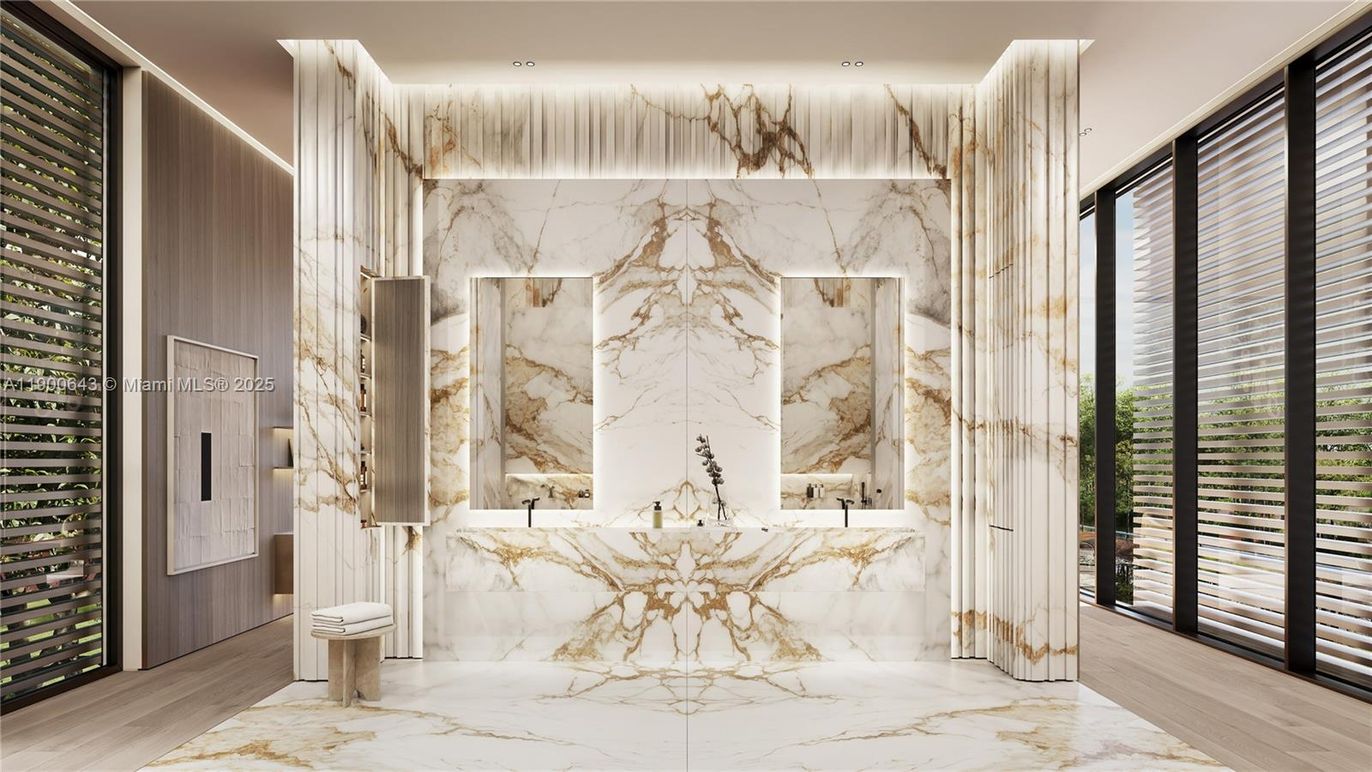 Bathroom, Interior, Marble, Marble Walls, Recessed Lighting, Wood Texture Flooring