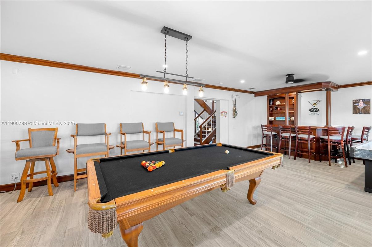 Billiard Table, Game Room, Interior, Pendant Lights, Recessed Lighting, Wood Texture Flooring