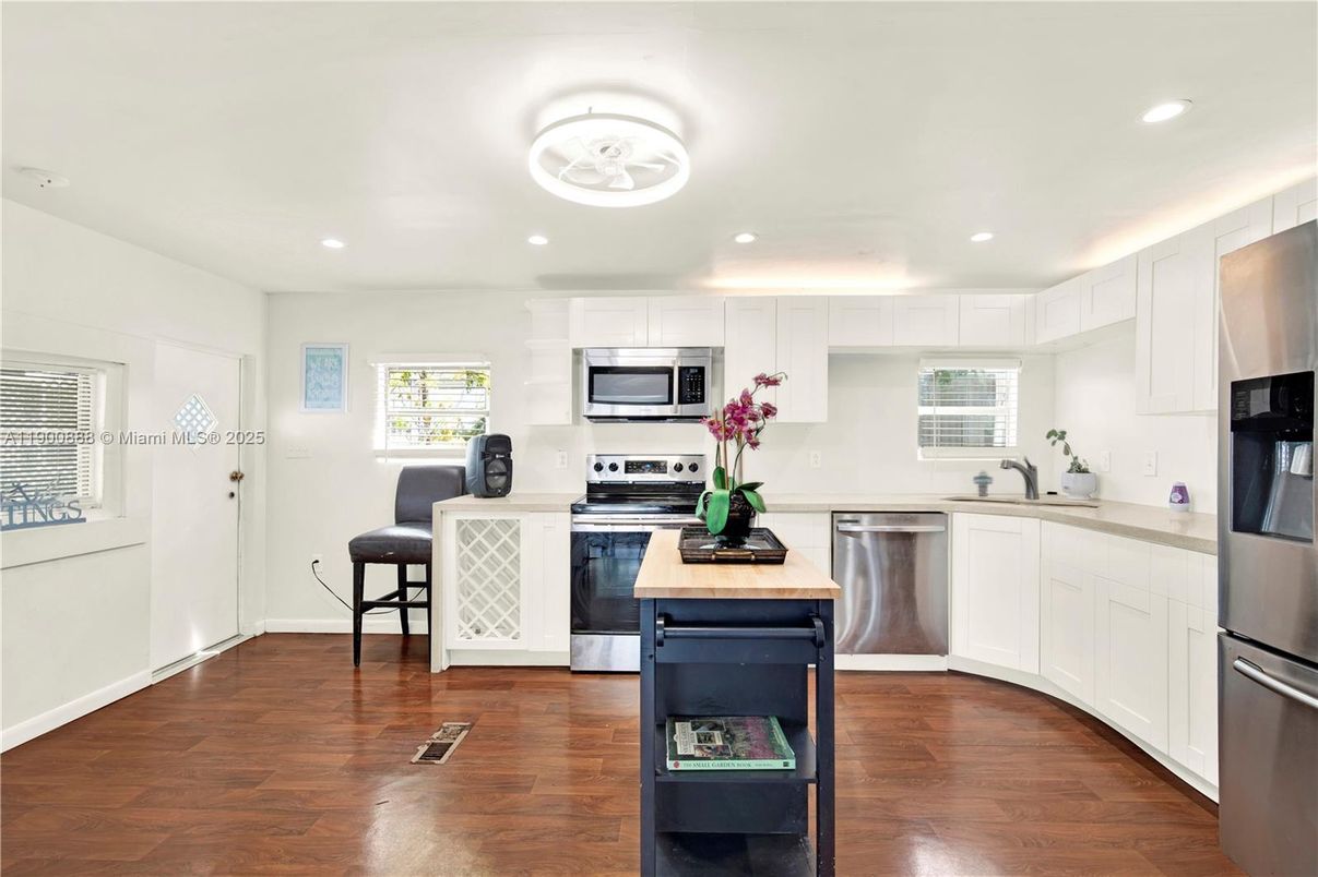 Interior, Kitchen, Recessed Lighting, Stainless Steel Appliances, Wood Texture Flooring