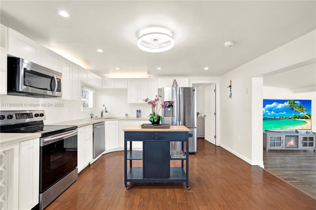 Interior, Kitchen, Recessed Lighting, Stainless Steel Appliances, Wood Texture Flooring