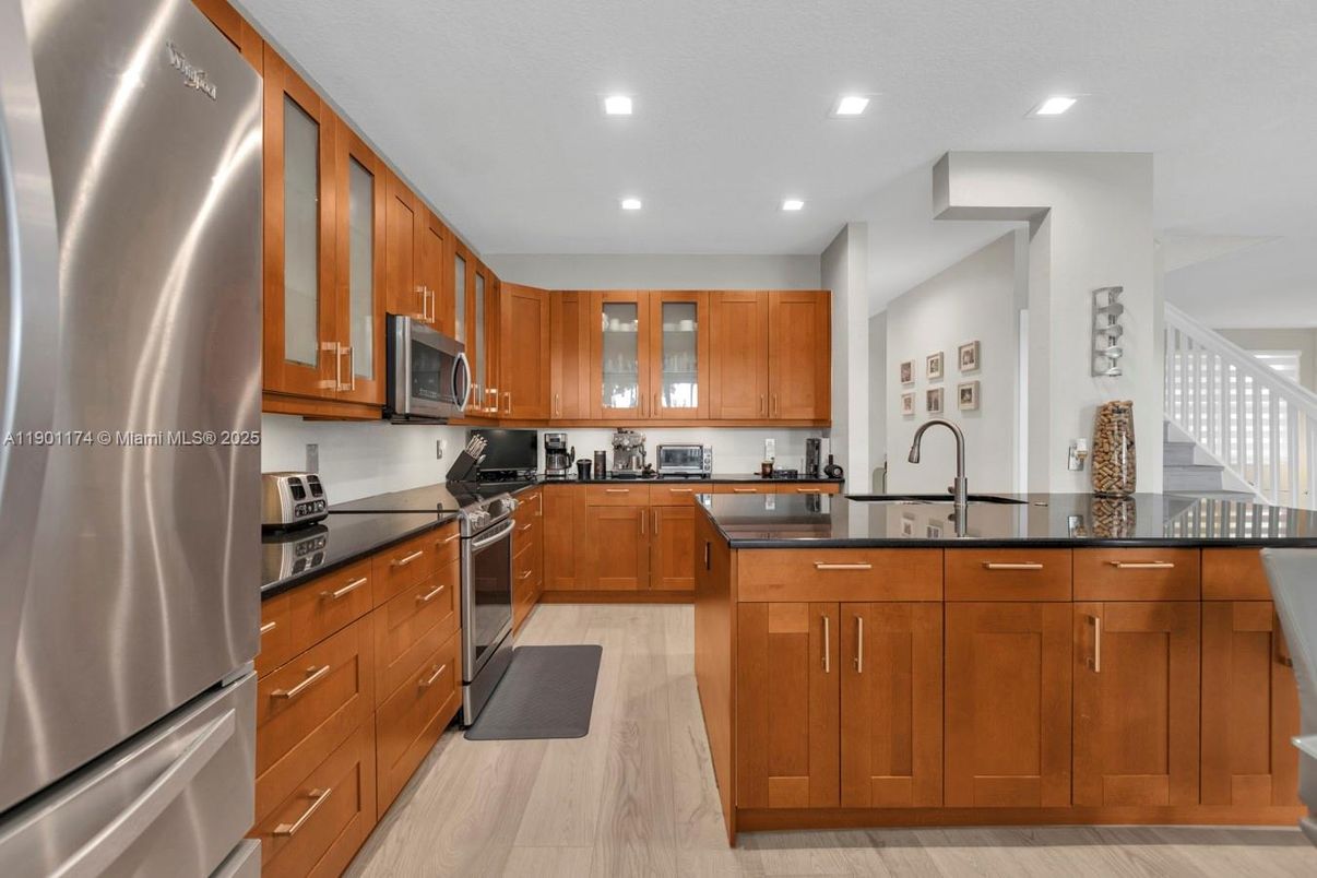 Interior, Kitchen, Recessed Lighting, Stainless Steel Appliances, Wood Texture Flooring