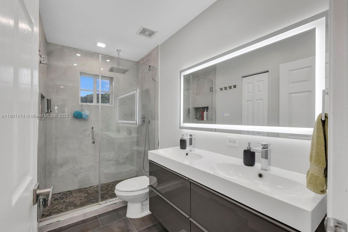 Bathroom, Dual Sink Vanities, Glass Shower, Interior, Recessed Lighting