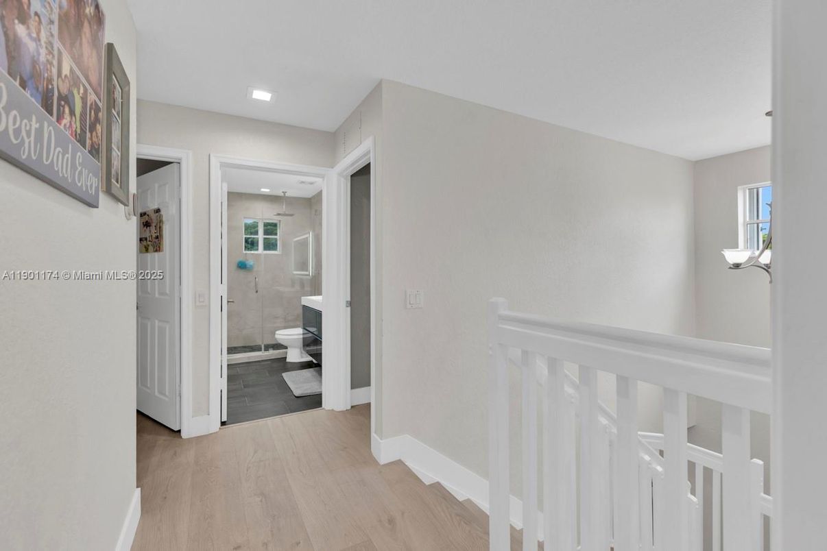 Bathroom, Glass Shower, Interior, Recessed Lighting, Wood Texture Flooring