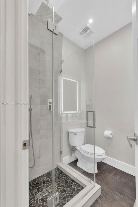 Bathroom, Glass Shower, Interior, Recessed Lighting, Wood Texture Flooring
