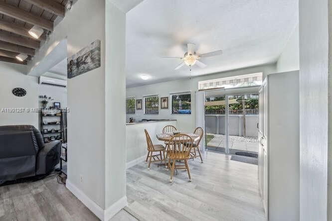 Dining room, Interior, Recessed Lighting, Wooden Beams, Wood Texture Flooring
