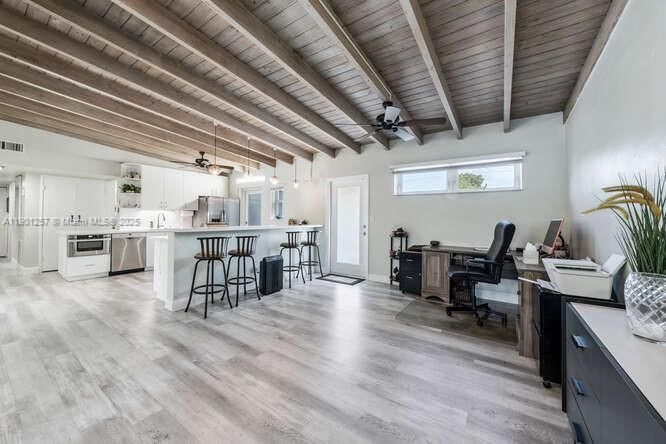 Home Office, Interior, Kitchen, Pendant Lights, Wooden Beams, Wooden Ceilings, Wood Texture Flooring