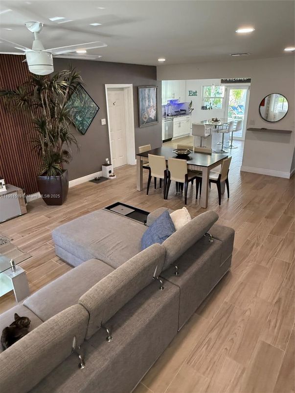 Dining room, Interior, Living room, Recessed Lighting, Wood Texture Flooring