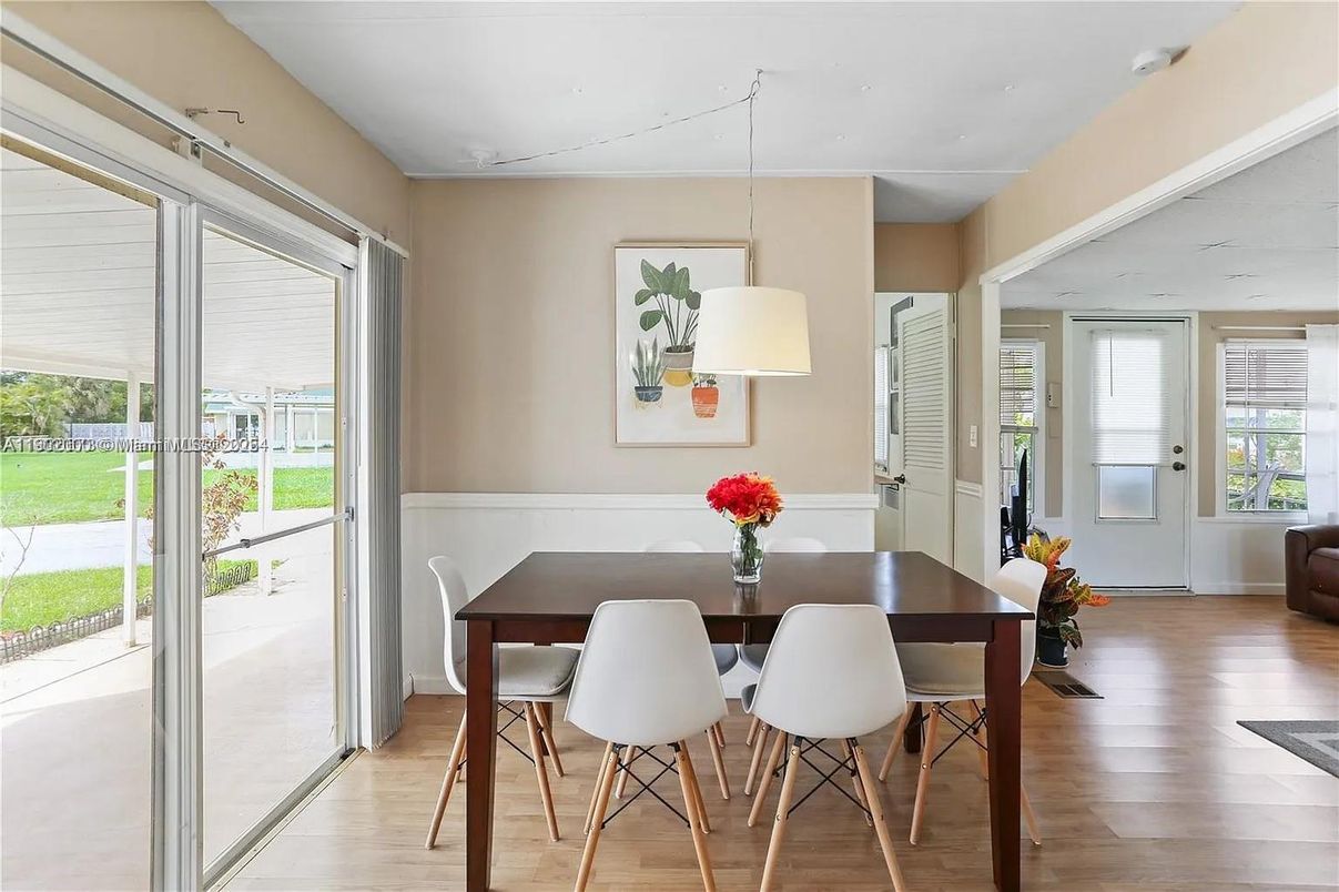 Dining room, Interior, Pendant Lights, Wood Texture Flooring