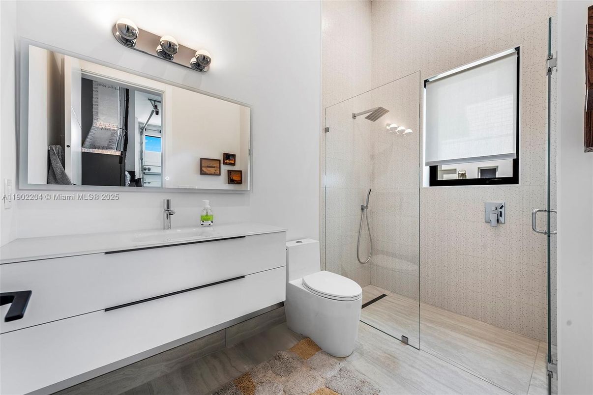 Bathroom, Glass Shower, Interior, Wood Texture Flooring