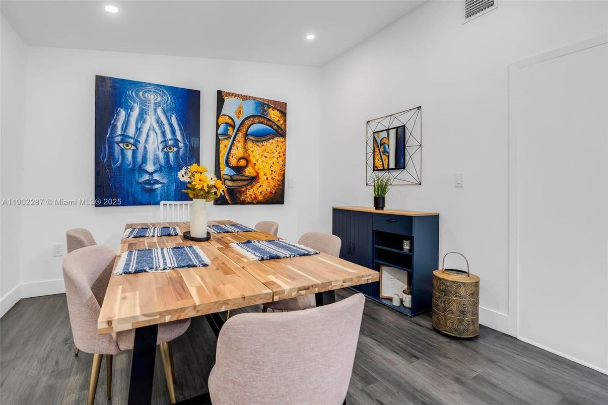 Dining room, Interior, Recessed Lighting, Wood Texture Flooring