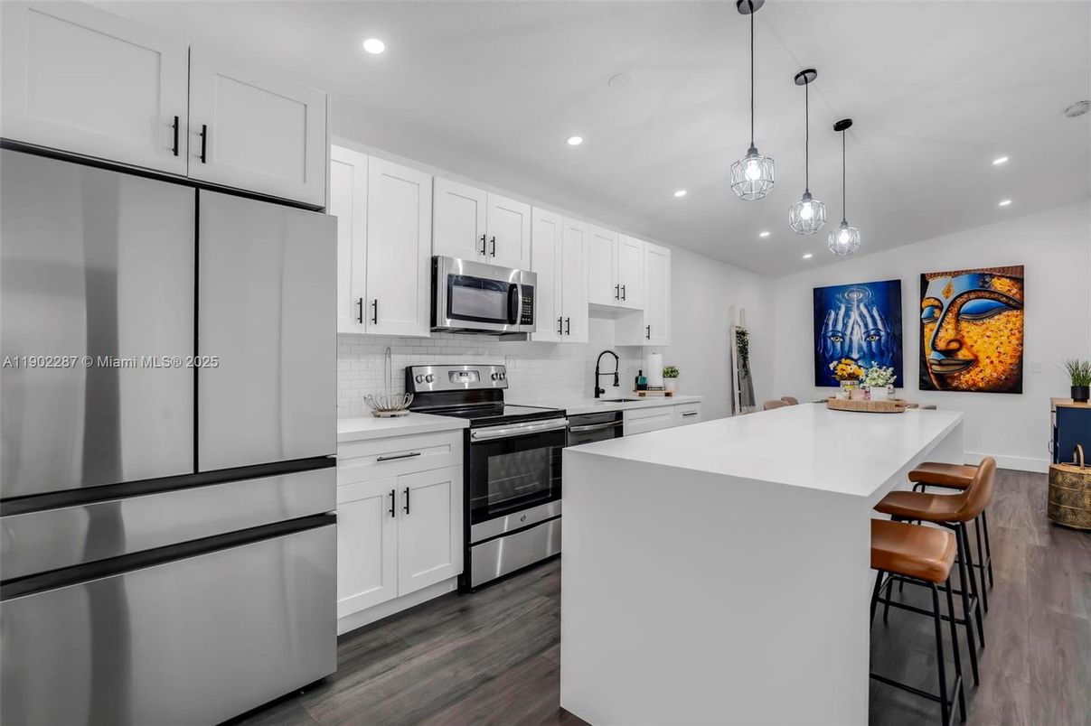 Interior, Kitchen, Pendant Lights, Recessed Lighting, Stainless Steel Appliances, Wood Texture Flooring