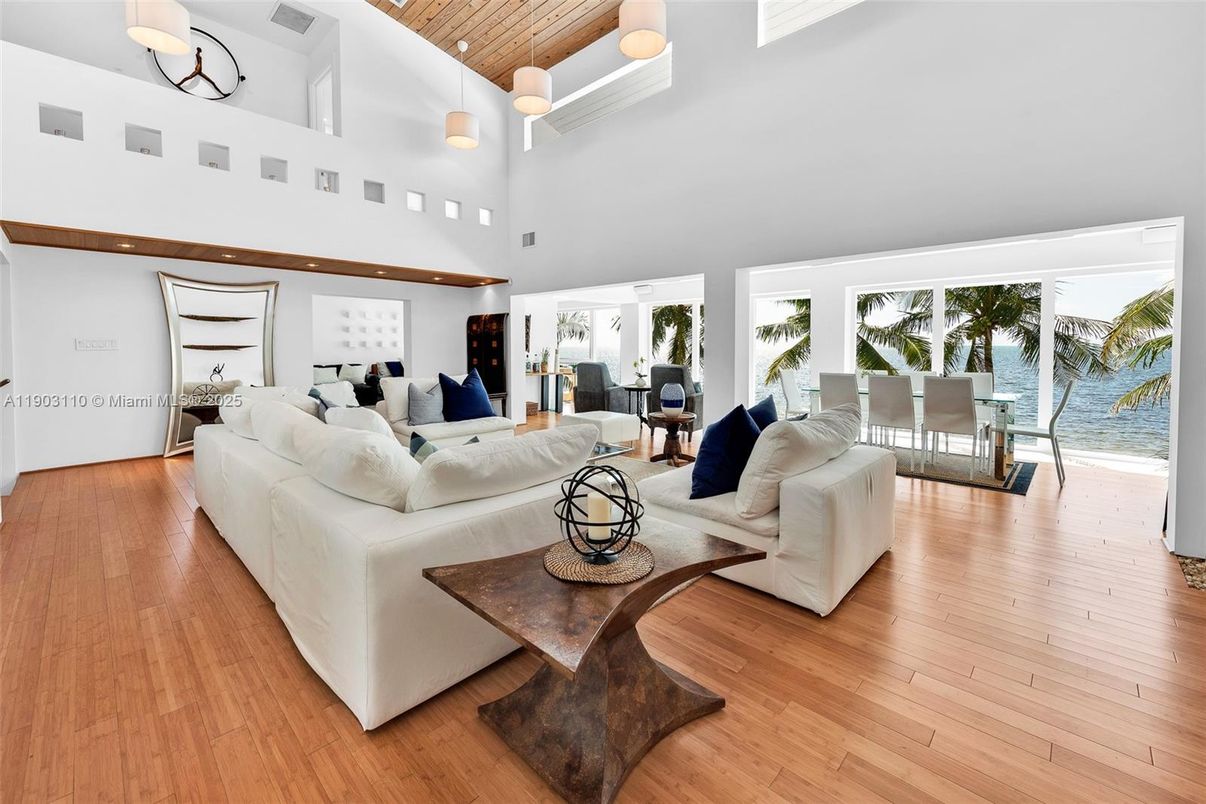 Interior, Living room, Pendant Lights, Recessed Lighting, Water, Wooden Ceilings, Wood Texture Flooring