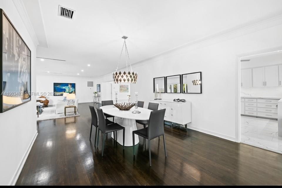 Chandelier, Dining room, Interior, Marble, Pendant Lights, Recessed Lighting, Wood Texture Flooring