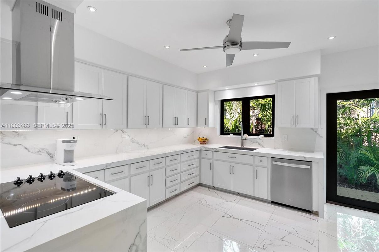 Interior, Kitchen, Marble, Marble Walls, Recessed Lighting, Stainless Steel Appliances