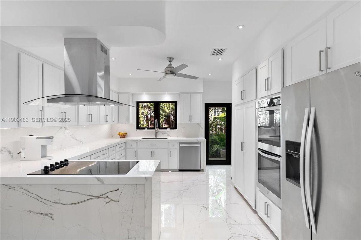 Interior, Kitchen, Marble, Recessed Lighting, Stainless Steel Appliances