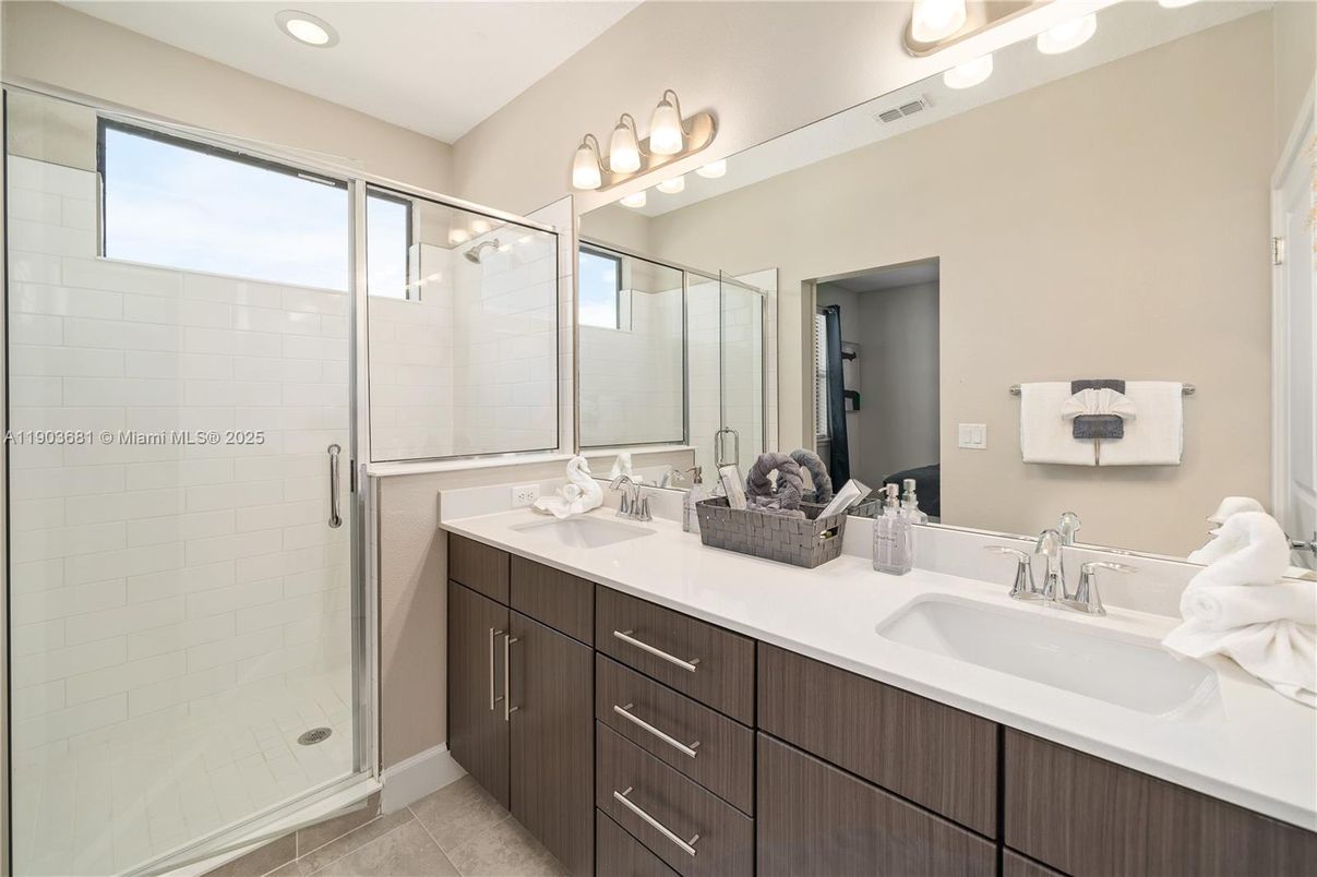 Bathroom, Dual Sink Vanities, Glass Shower, Interior, Recessed Lighting