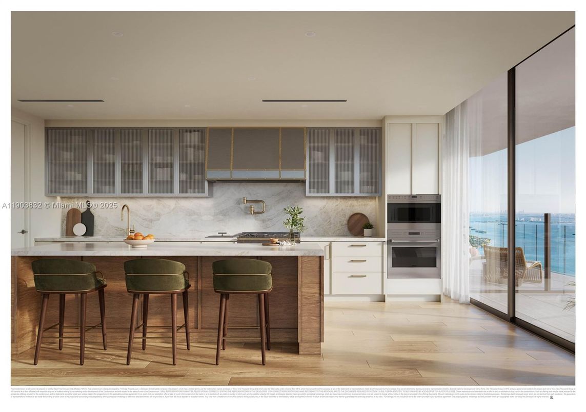 Interior, Kitchen, Marble Walls, Recessed Lighting, Stainless Steel Appliances, Water, Wood Texture Flooring